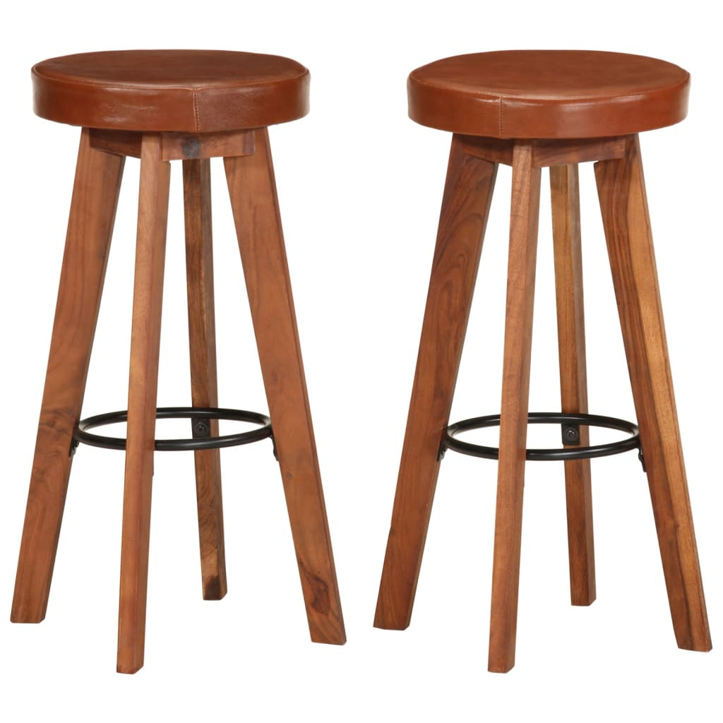 vidaXL taburetes de cocina 2 uds cuero auténtico madera maciza acacia