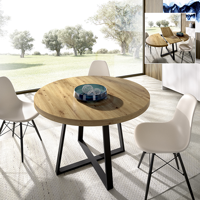 Mesa comedor extensible 110 redonda patas metalicas. Grosor sobre 50 mm - n