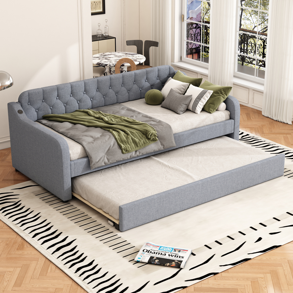 Sofá cama 90x200 cm con cama extraíble y usb lino y mdf – gris