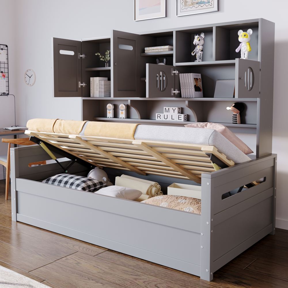 Cama individual 90x200cm con almacenaje hidráulico madera – color gris