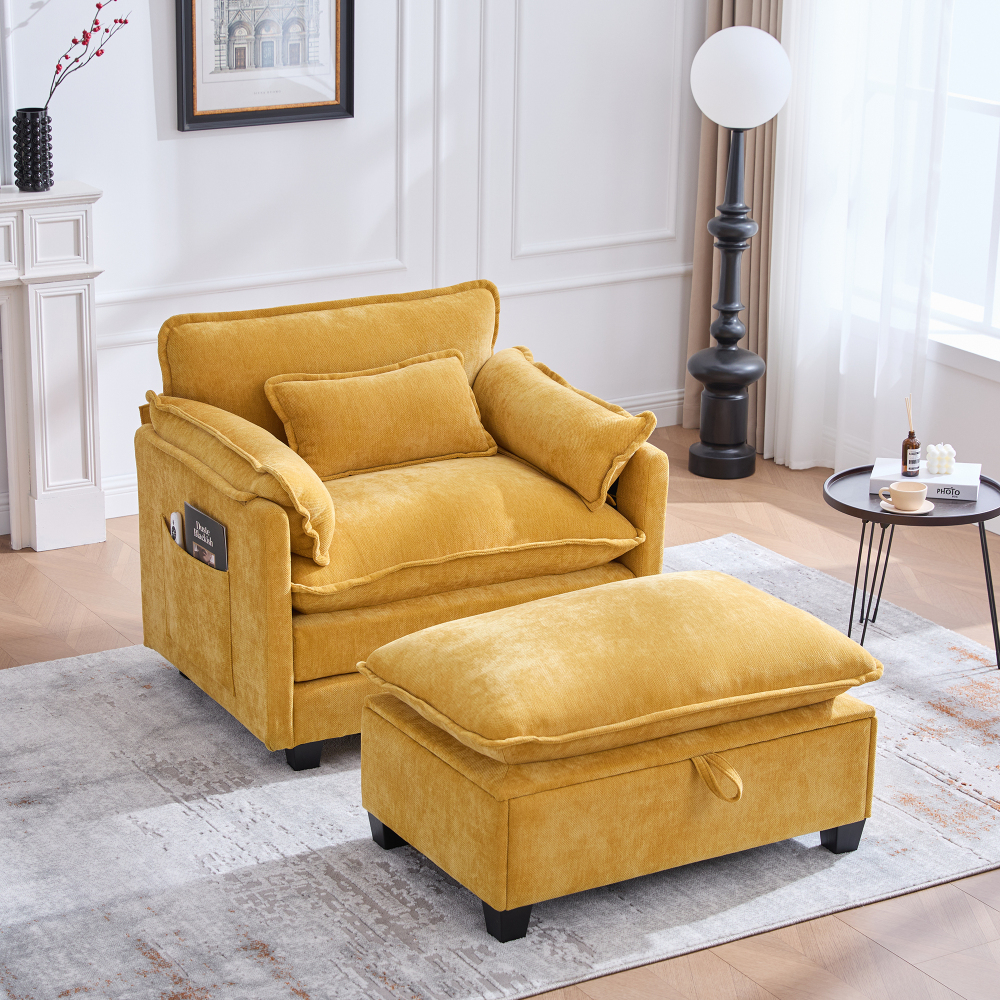 Sillón individual con otomana de almacenaje chenilla amarillo 1 plaza