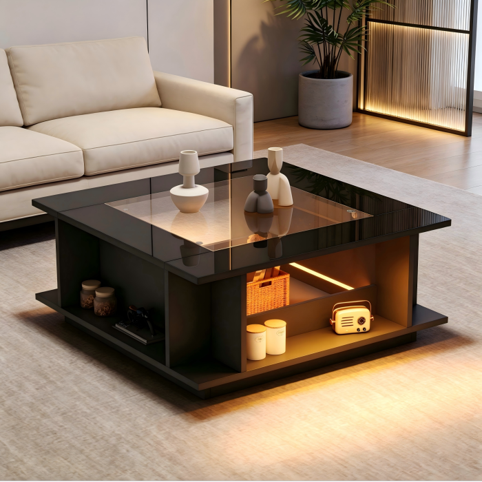 Mesa de centro cuadrada con almacenaje y LED negro 30x70x70cm