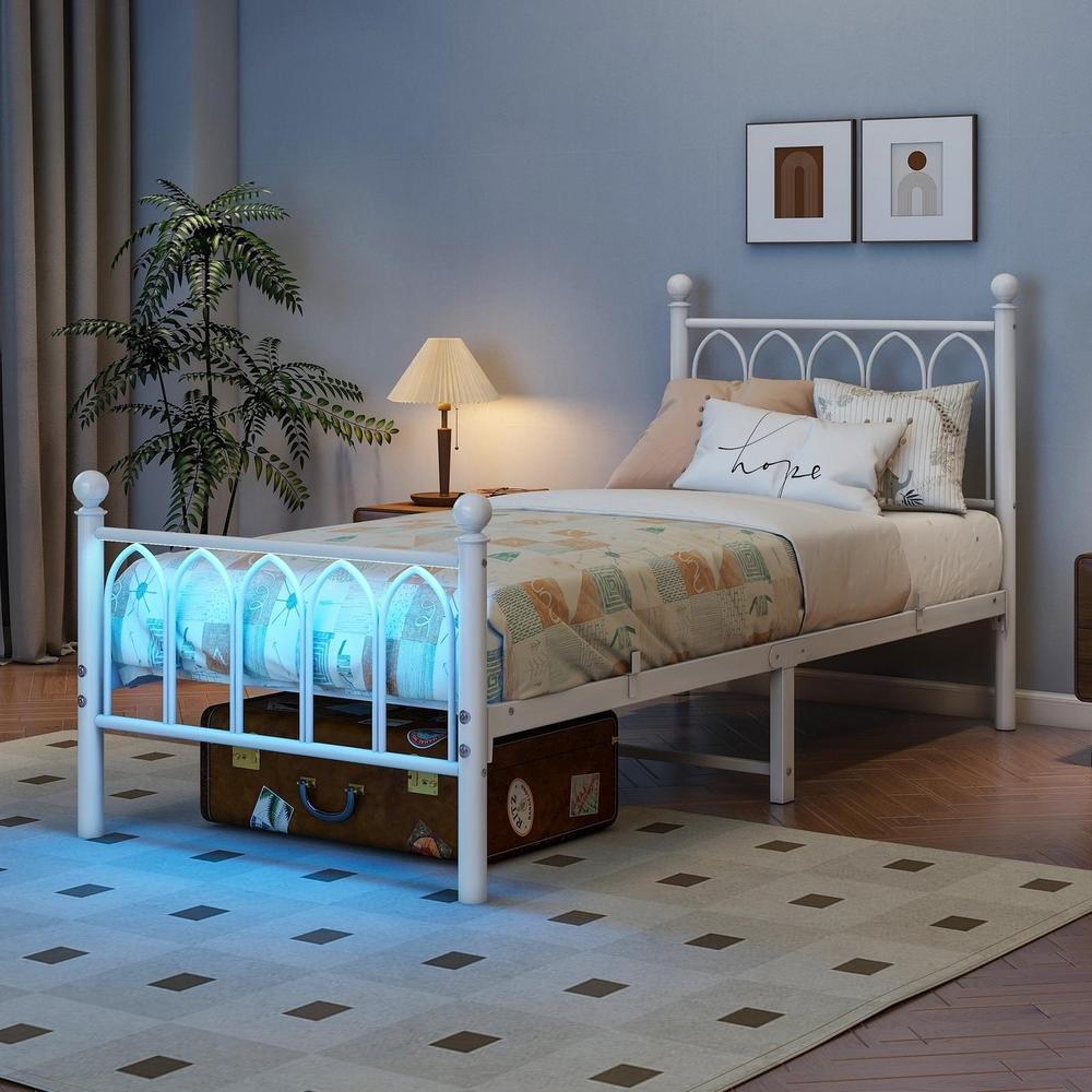Cama metálica 90x200cm con LED, usb y espacio bajo cama, blanca