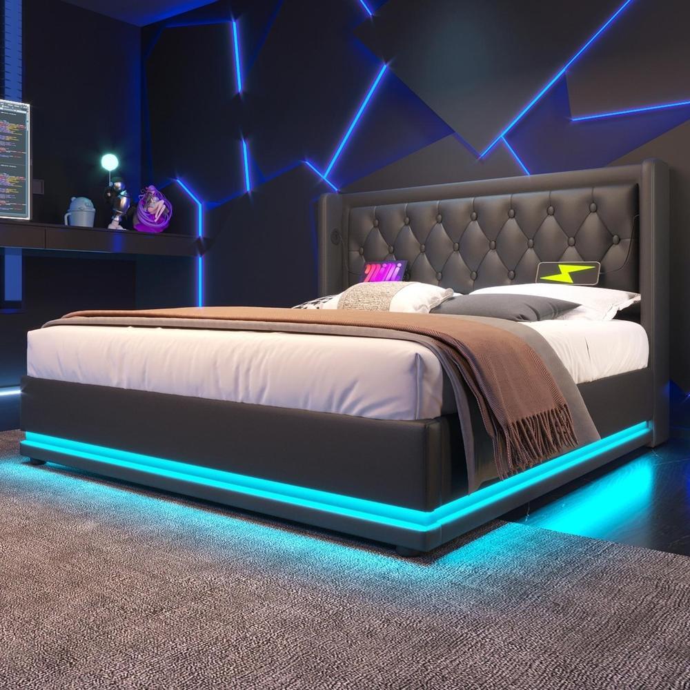 Cama 140x200cm hidráulica con usb-c y LED de 3 lados, color negro