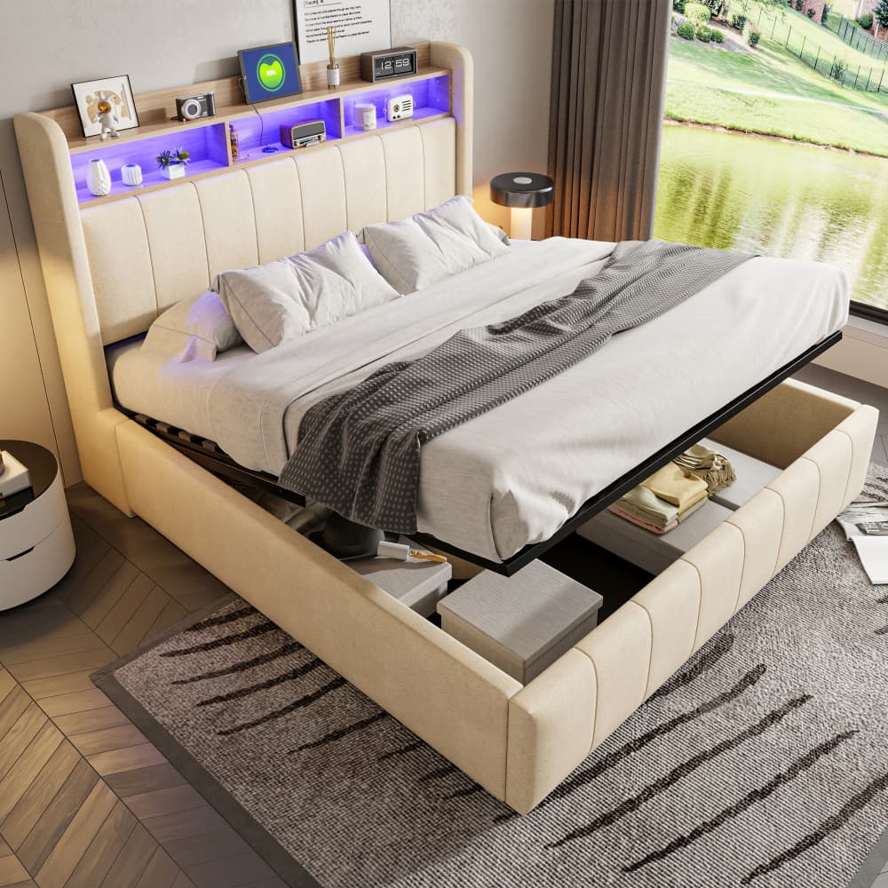 Cama doble tapizada 160x200cm con canapé hidráulico, LED, usb lino beige