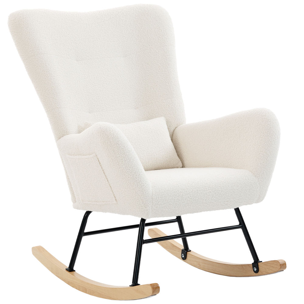Silla mecedora terciopelo de teddy, madera de caucho color beige