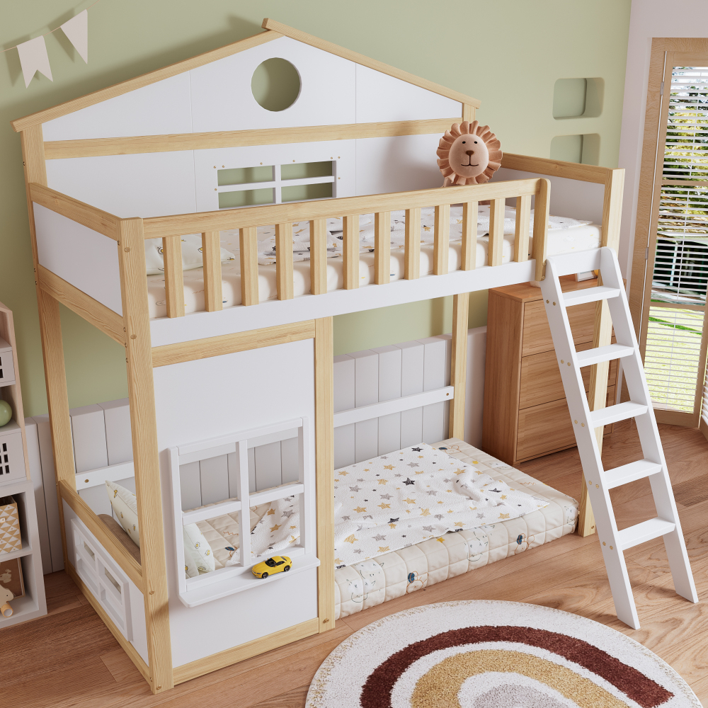 Litera 90x200cm con escalera y barandilla, madera y mdf – blanco y natural