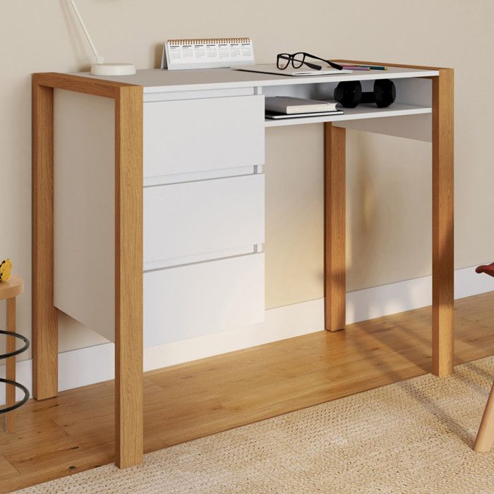 Escritorio escandinavo hugo - 3 cajones - blanco madera - 90 cm