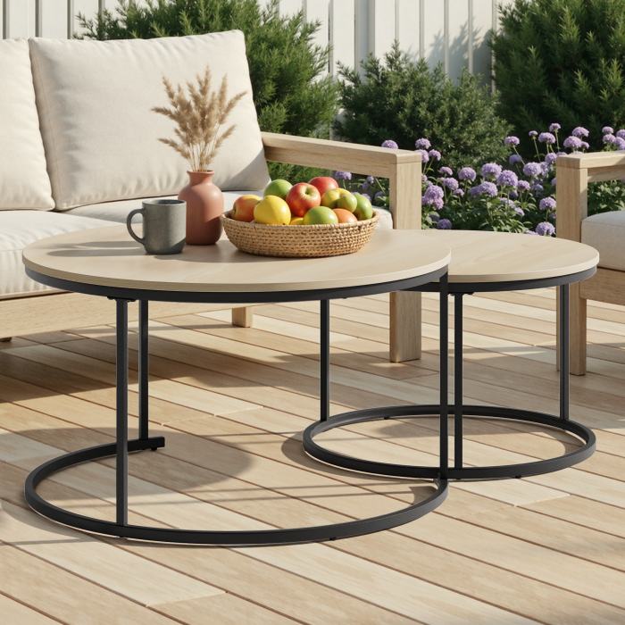Set 2 mesas de centro nido redondas madera roble y metal negro 45x80x80cm