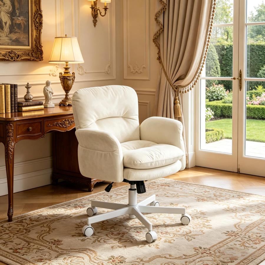 Silla giratoria de chenilla beige con respaldo ergonómico