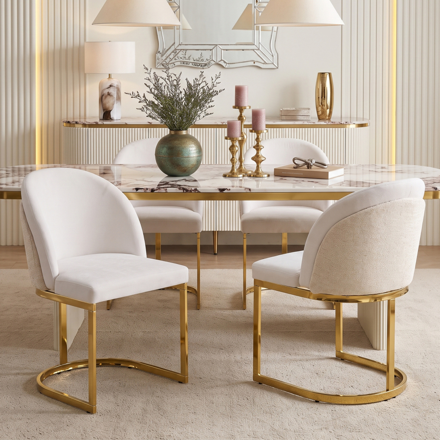 Conjunto sillas comedor chenilla beige dorado respaldo doble set 2