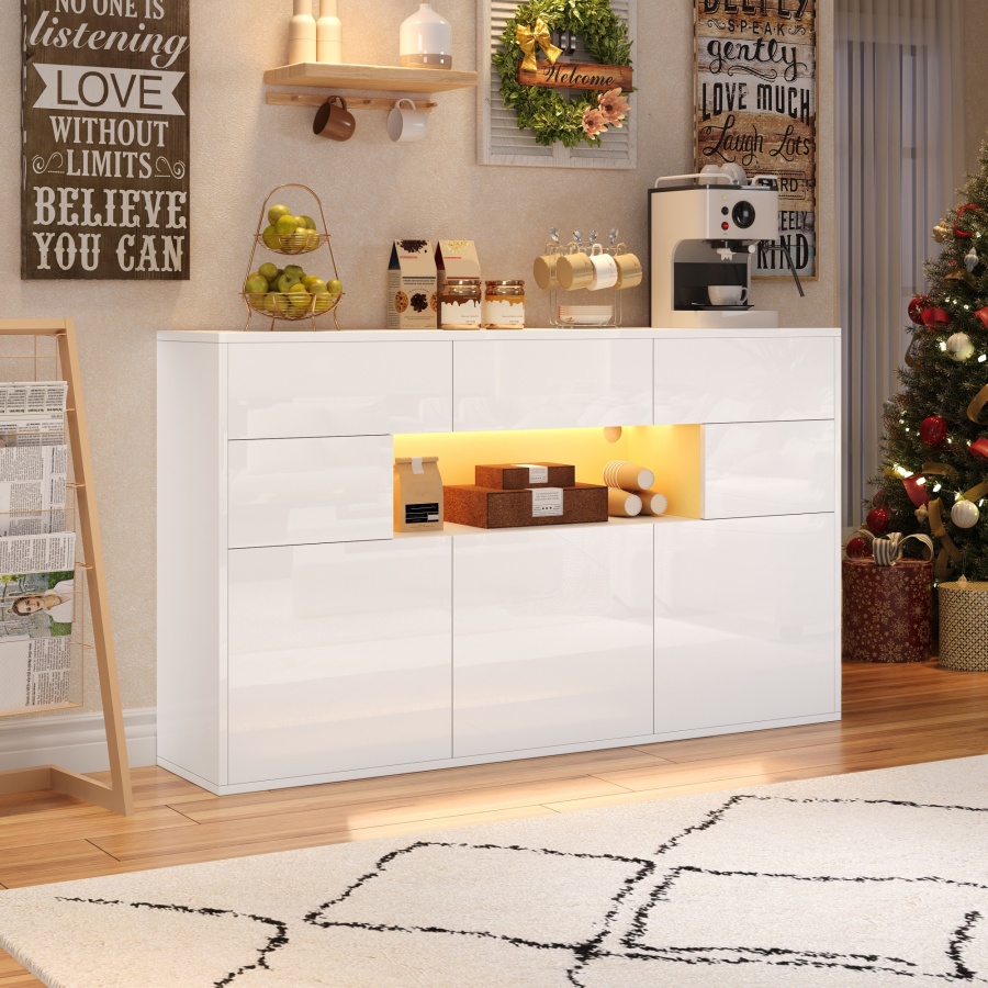 Aparador de salón blanco con 3 cajones y 5 armarios 82x140x30cm