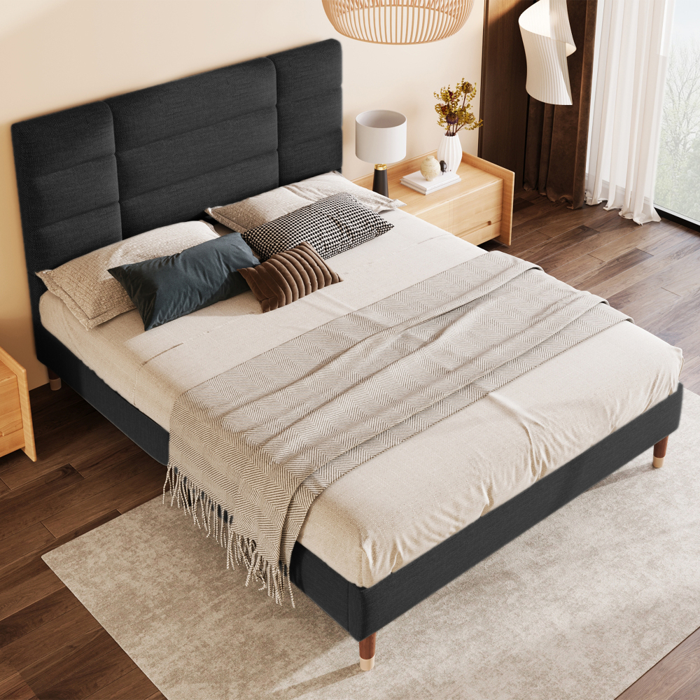 Cama tapizada 140x200 cm con cabecero y somier leinen – color negro