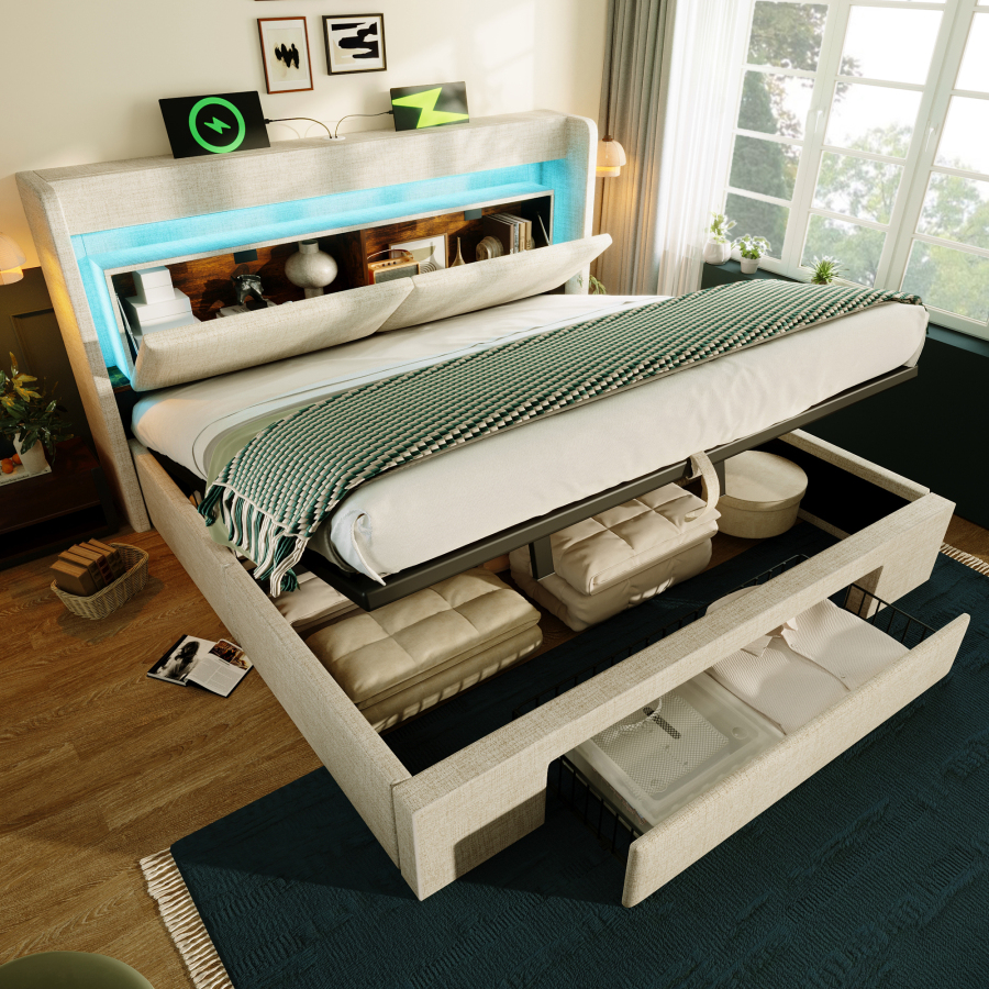 Cama 140x200 con canapé, LED, usb-c y cajón de almacenaje beige