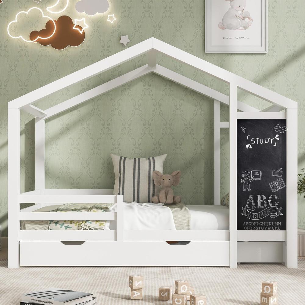 Cama casita infantil 90x200cm de madera maciza con 2 cajones, blanca