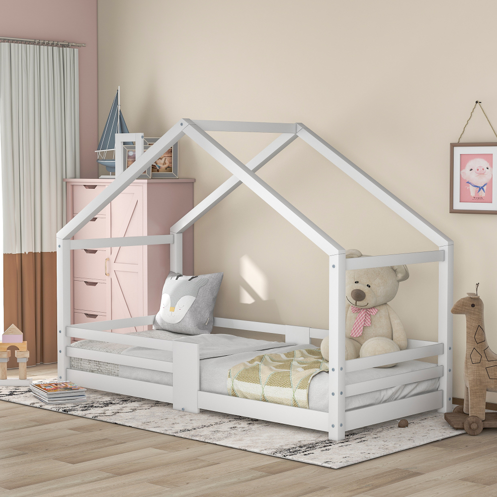 Cama infantil casita 90x200cm con barandilla y somier pino – blanco