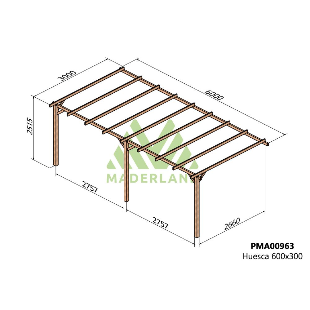Pérgola de madera maciza adosada - huesca ad. 600x300cm (maderland)