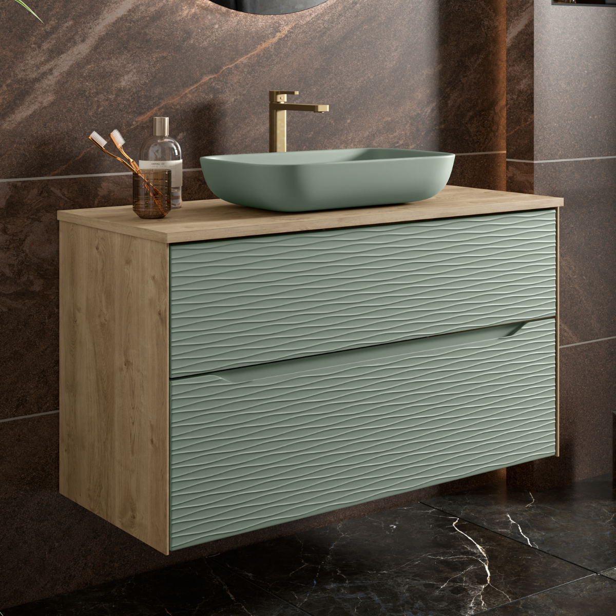 Mueble baño suspendido con tapa y lavabo | roble natural - leaf 100cm