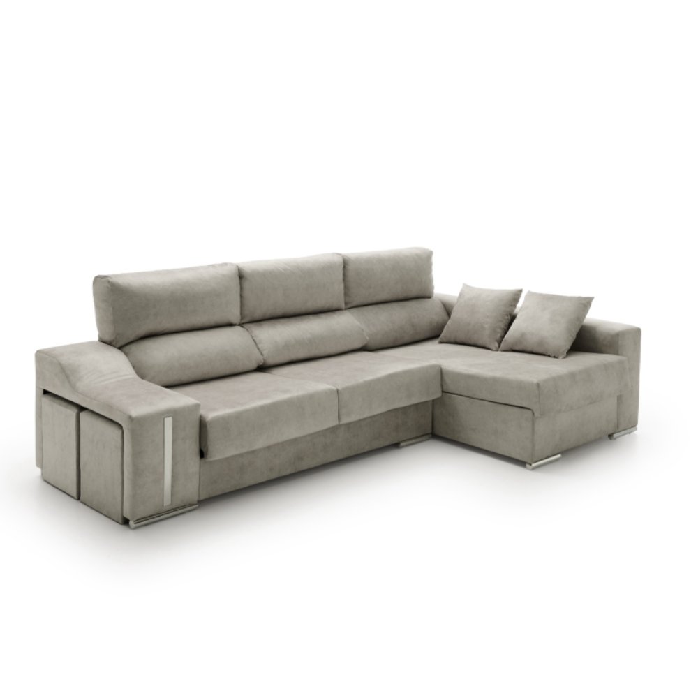 Sofa chaise longue reclinable y deslizante con puffs serena gris derecha