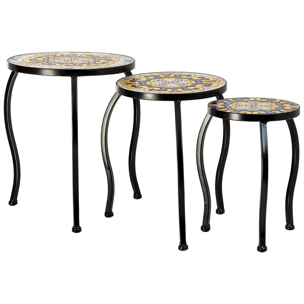Soporte set 3 pzas de mosaico y forja amarillo 33x33x37h-28x28x33h-23x