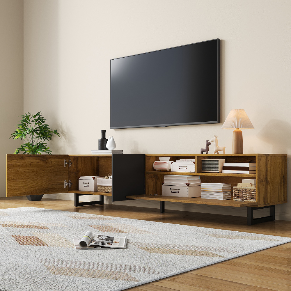 Mueble de tv con 3 puertas y 2 huecos gris oscuro y natural 36,5x170x42cm