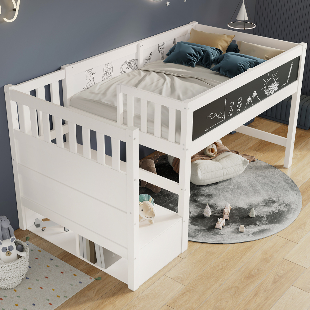 Cama alta 90x200cm con pizarra y escalera con almacenaje mdf – blanco