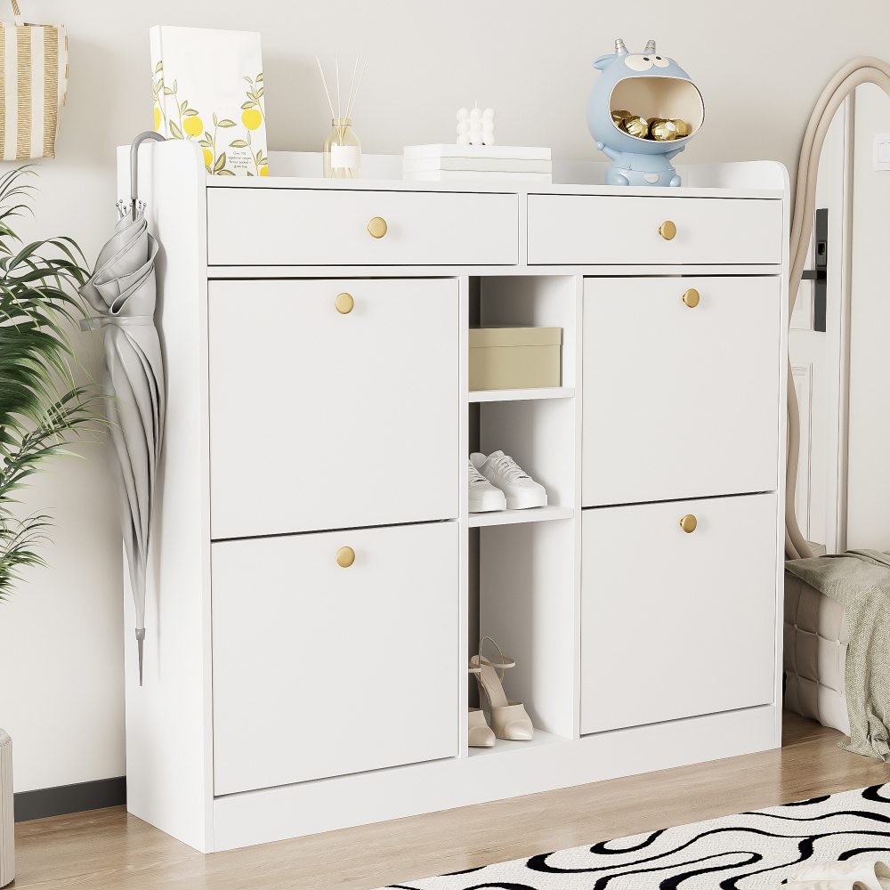 Zapatero para recibidor 4 puertas abatibles 2 cajones blanco 100x110x26cm