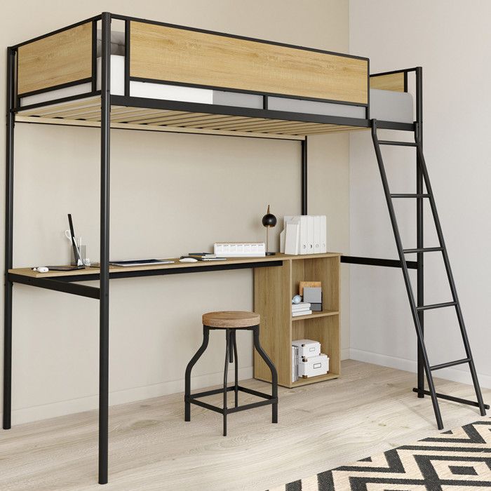 Cama altillo simple - escritorio - negro madera 90x190 cm