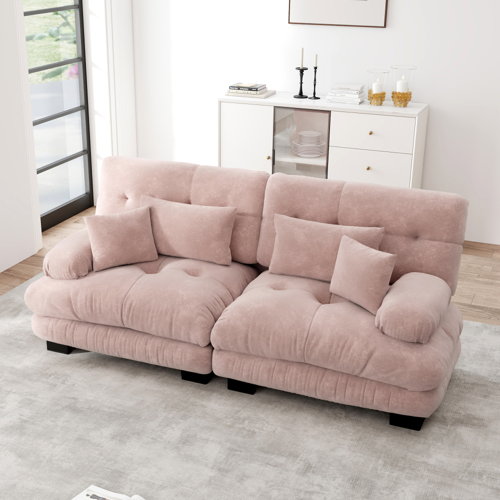 Sofá modular en l chenilla rosa 2 plazas cojines lumbar