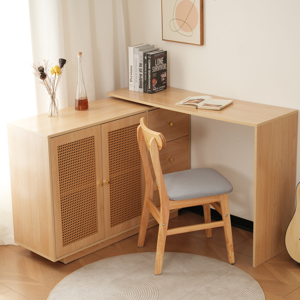 Escritorio esquinero giratorio con armario mdf color madera natural