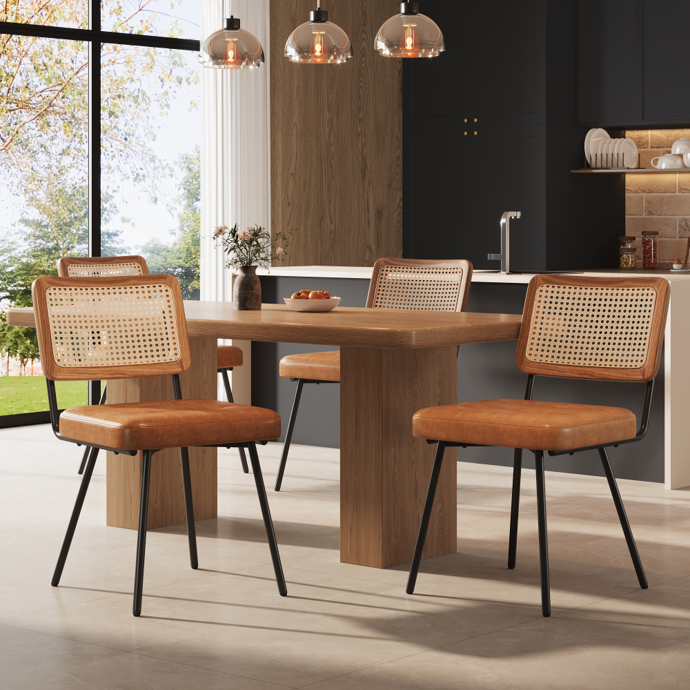 Silla comedor piel sintética marrón con ratán ergonómica