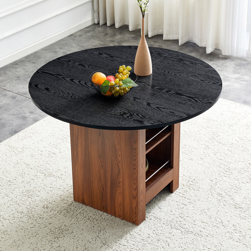 Mesa de comedor redonda con almacenaje mdf nogal y negro 76x100x100cm