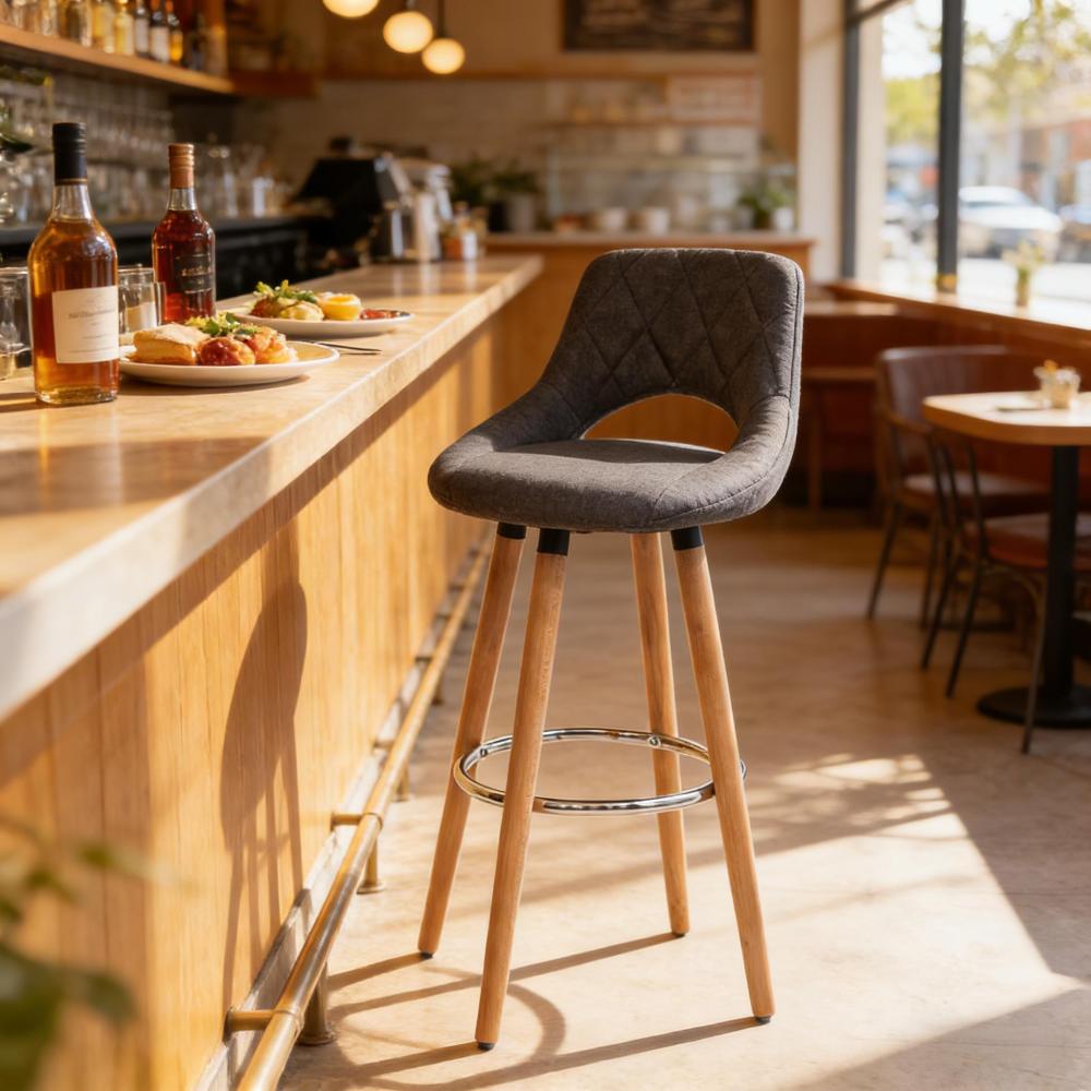 Taburete de bar de lino gris oscuro con respaldo y patas de madera maciza