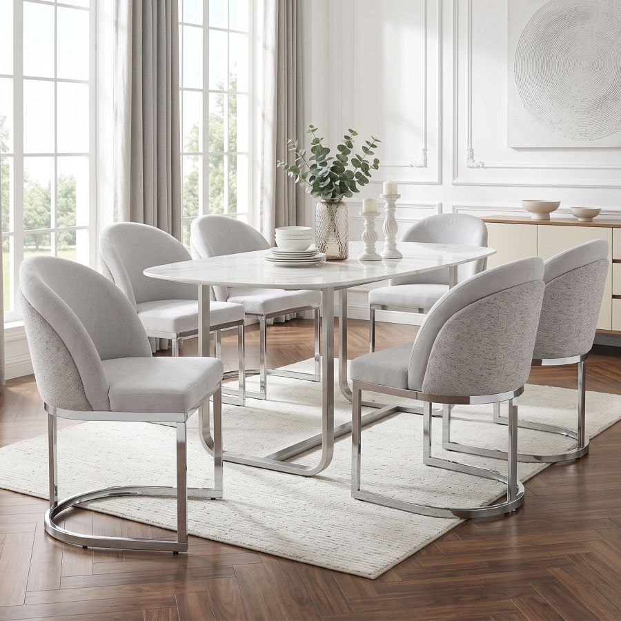 Conjunto 6 sillas comedor chenilla gris plata respaldo doble patas metal