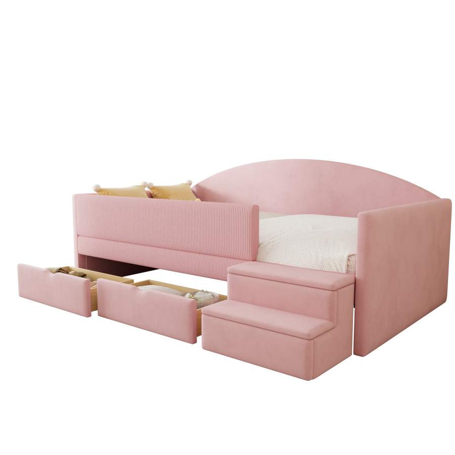 Cama individual tapizada 90x190cm con cajones barandilla escalones rosa