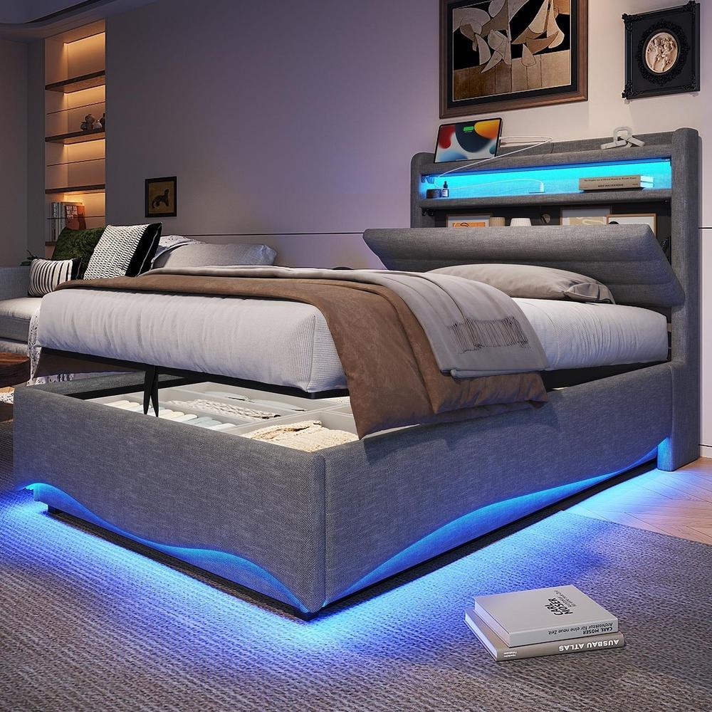 Cama tapizada lin 90x200cm con LED hidráulico usb gris