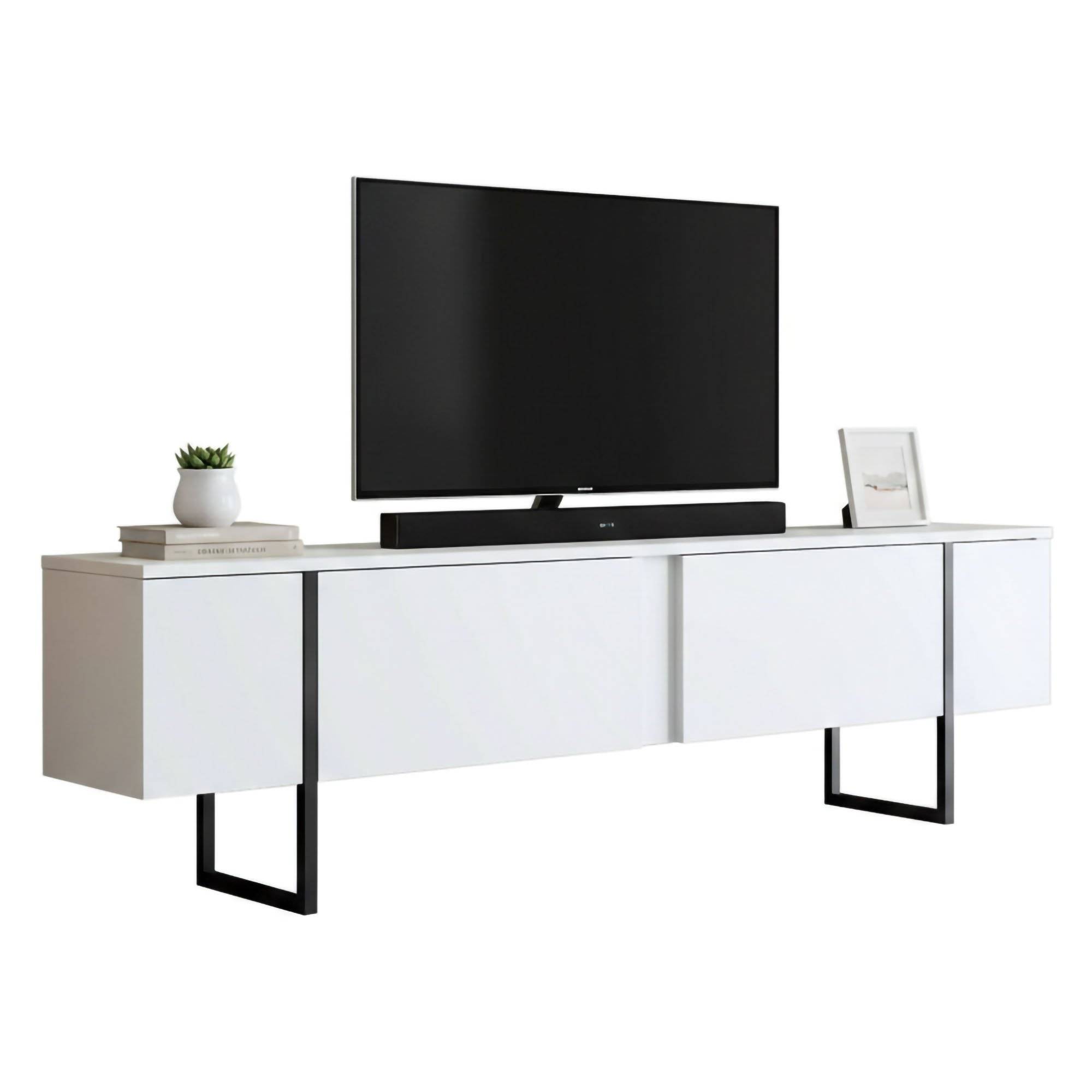 Mueble para tv abishia, 3 compartimentos, madera blanca 180x30x50h cm