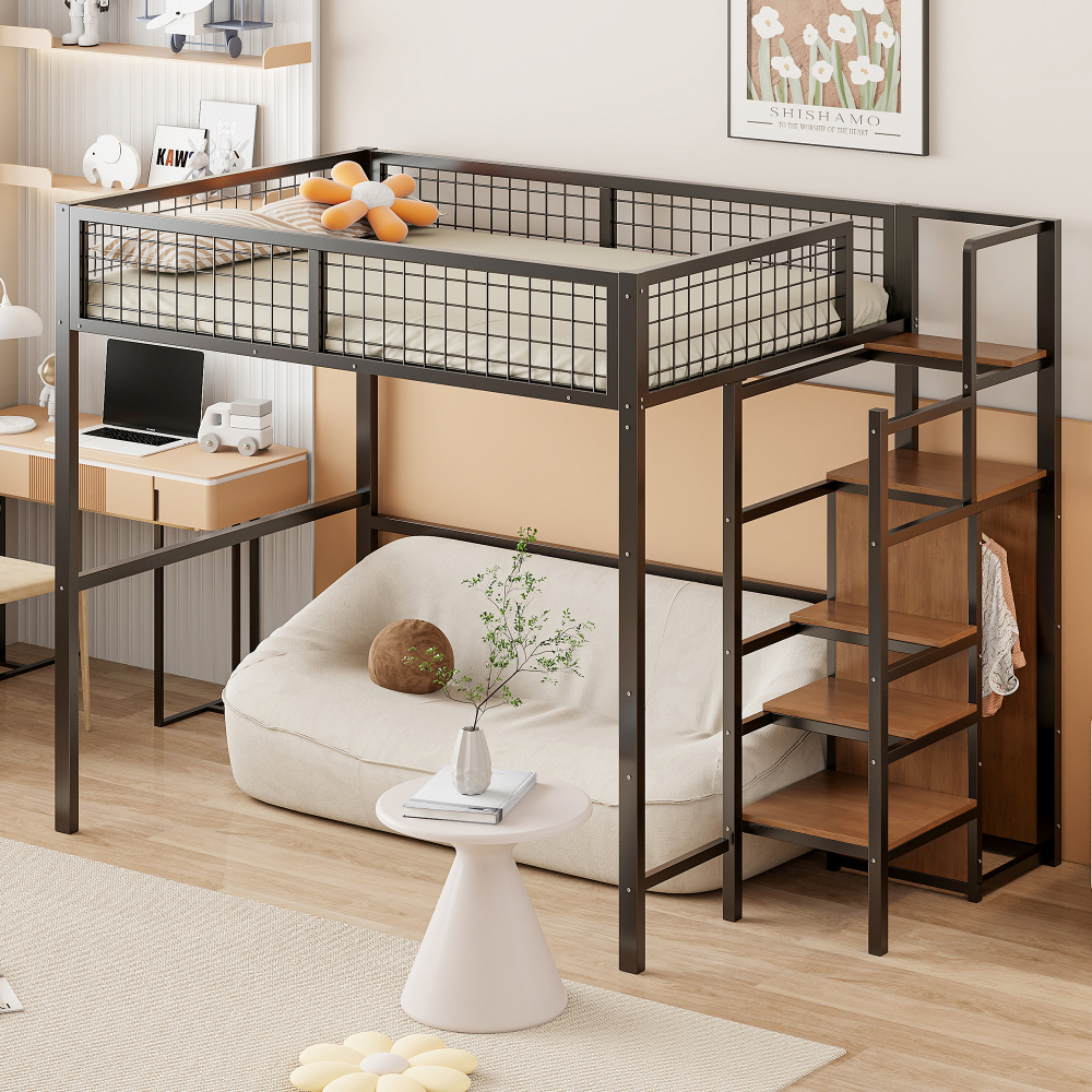 Cama alta juvenil 140x200cm con estantes y armario metal – negro