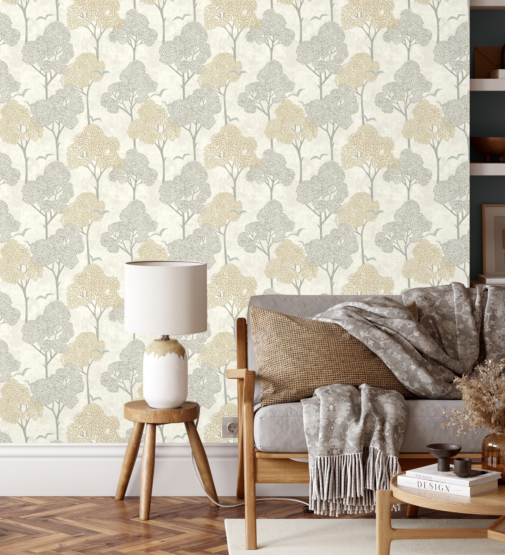 Papel pintado gaulan de árboles beige y pájaros con 5.23m²