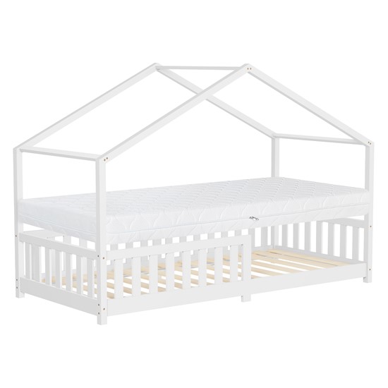 Cama infantil casa de madera blanca maciza 90x200cm con colchón 16cm