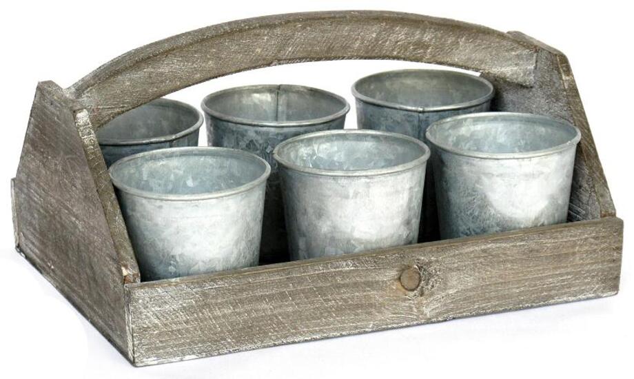 Bandeja de madera pintada con 6 maceteros de zinc