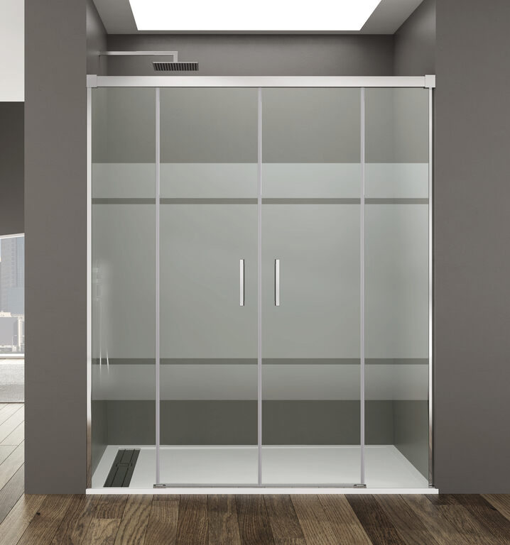 Mampara basic spazio 2 puertas + 2 fijos serigrafiado cromado 140 cm