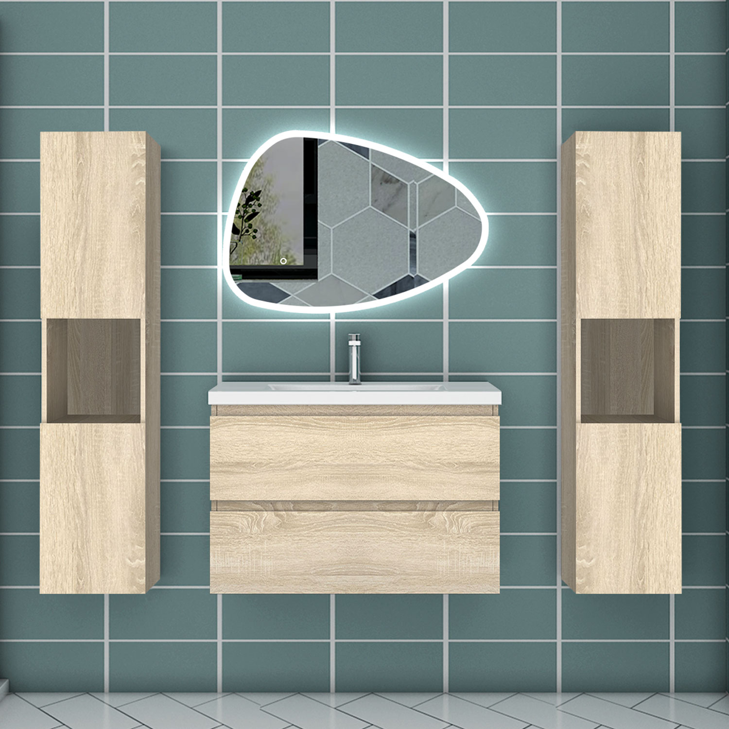 Mueble de baño aica 79×44,5cm,roble con espejo y armario lateral
