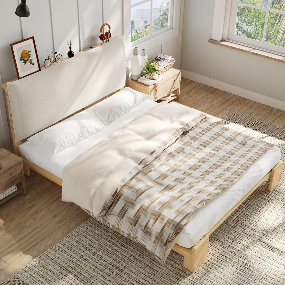 Cama tapizada 140x200cm con cabecero acolchado y somier madera+tela natural