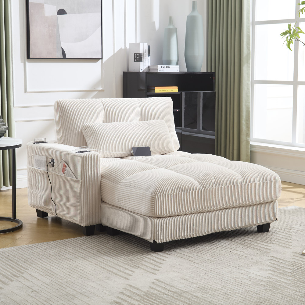 Sillón relax pana beige con carga, 2 portavasos, bolsillo y reposacabezas