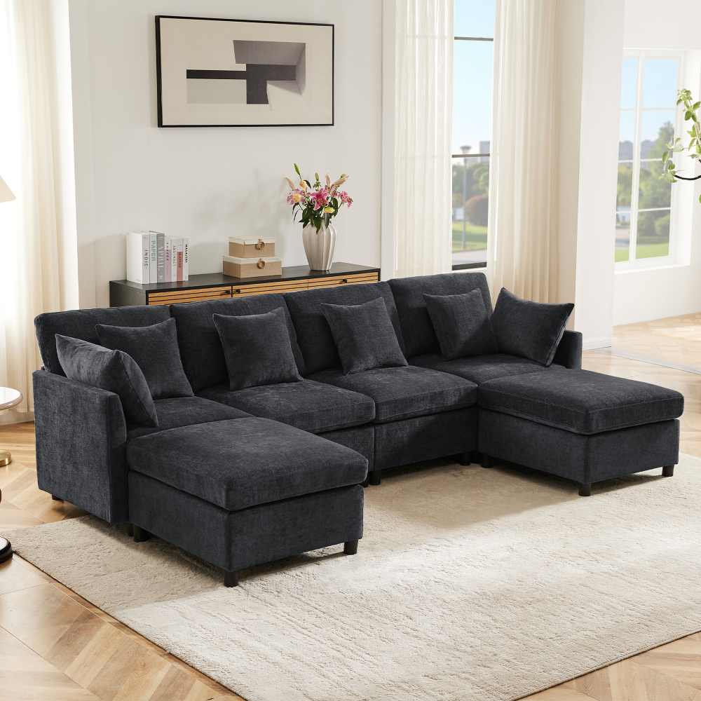 Sofá modular en l o en u chenilla gris 5-6 plazas 2 reposapiés 6 cojines
