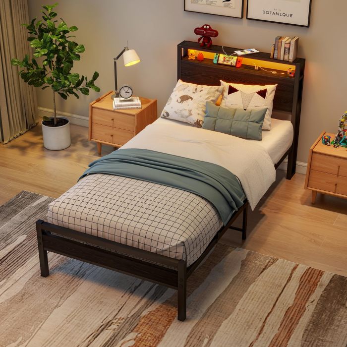 Cama con almacenaje 90x200cm con usb y LED mdf y metal – negro