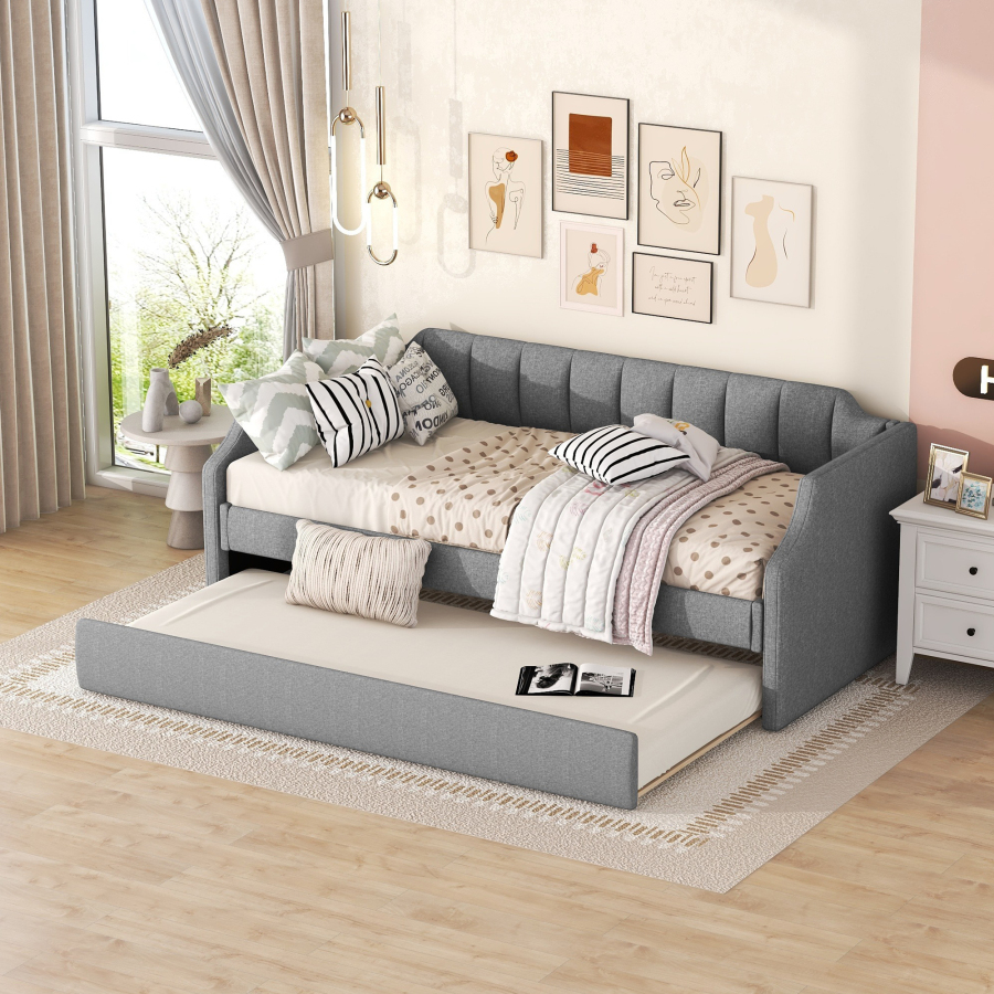 Cama tapizada 90x200cm con cama nido extraíble algodón y lino – color gris