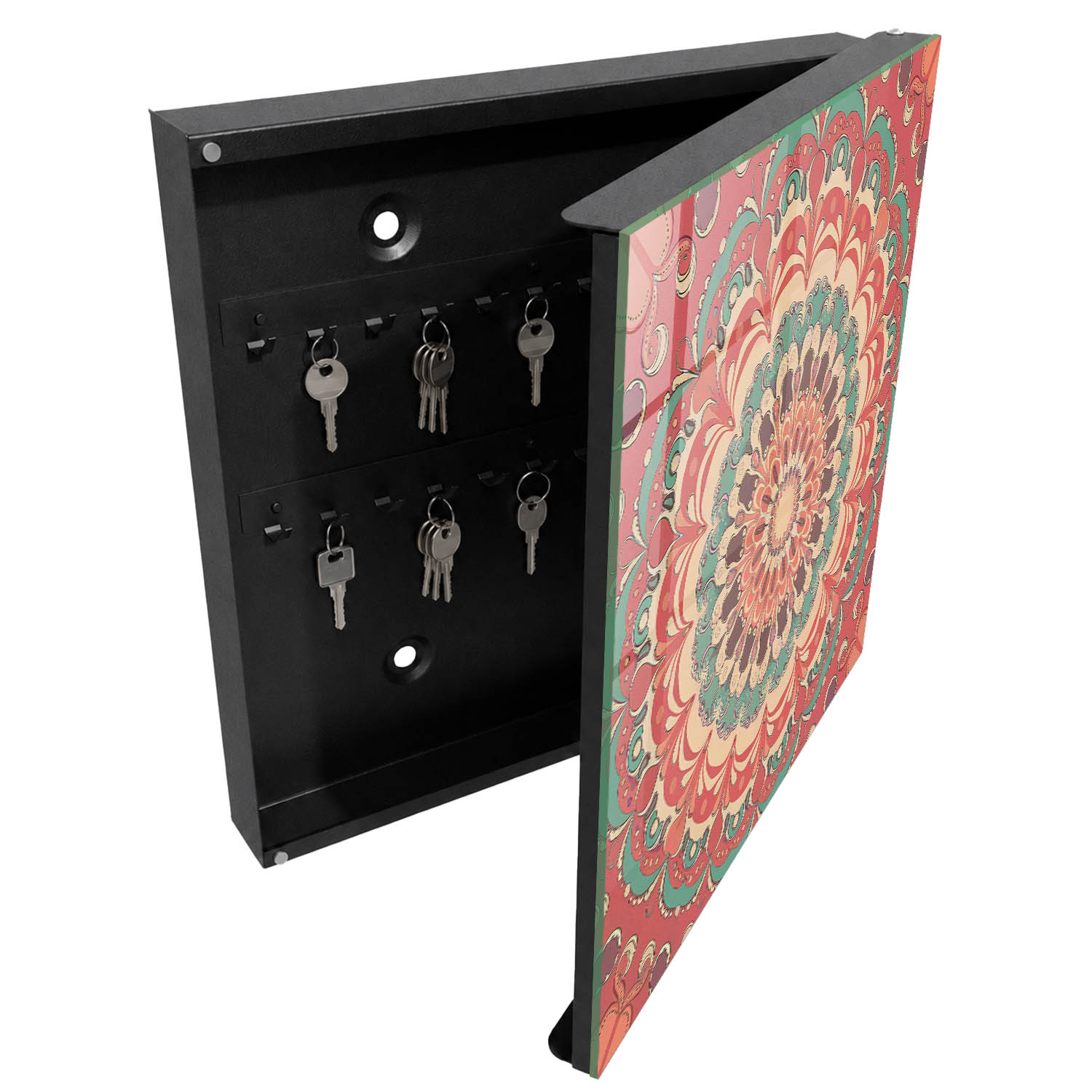 Caja guarda llaves 30x30x5 mandala colorido, apertura derecha