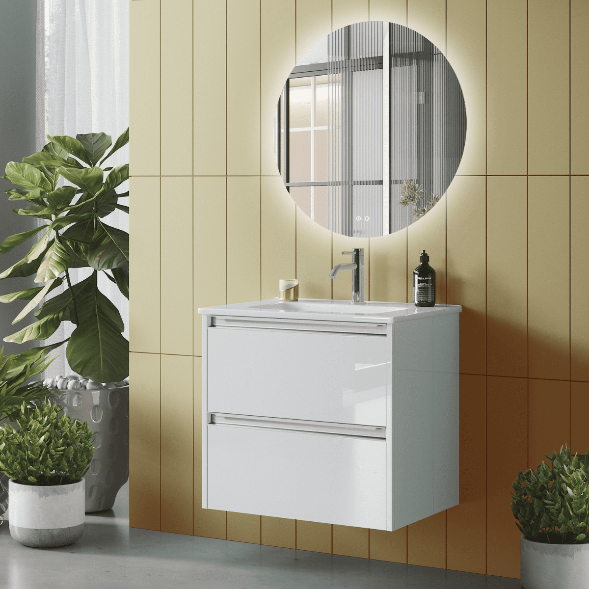 Mueble de baño con lavabo cerámico| 2 cajones | 100 cm blanco tirador cromo
